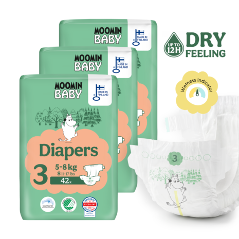 Moomin Baby 3 Midi 5–8 kg (126 ks), mesačné balenie plienok Moomin Baby 3 Midi 5–8 kg (126 ks), mesačné balenie plienok