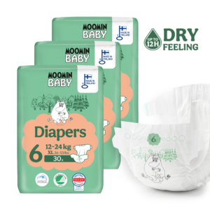 Moomin Baby 6 Maxi 12–24 kg (90 ks), mesačné balenie plienok