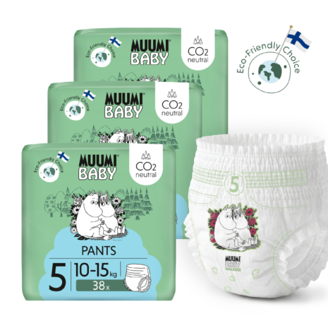 Moomin Baby Muumi Baby Pants 5 Maxi+ 10-15 kg (114 ks), mesačné balenie nohavičkových eko plienok