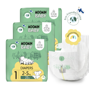 Moomin Baby 1 Newborn 2–5 kg (75 ks), mesačné balenie plienok