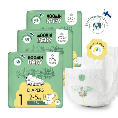 Moomin Baby 1 Newborn 2–5 kg (75 ks), mesačné balenie plienok