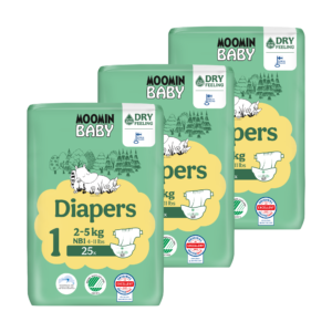 Moomin Baby 1 Newborn 2–5 kg (75 ks), mesačné balenie plienok